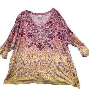 Avenue Womens Plus 30/32 All Over Print 3/4 Sleeve Top V Neck Art‎ To Wear